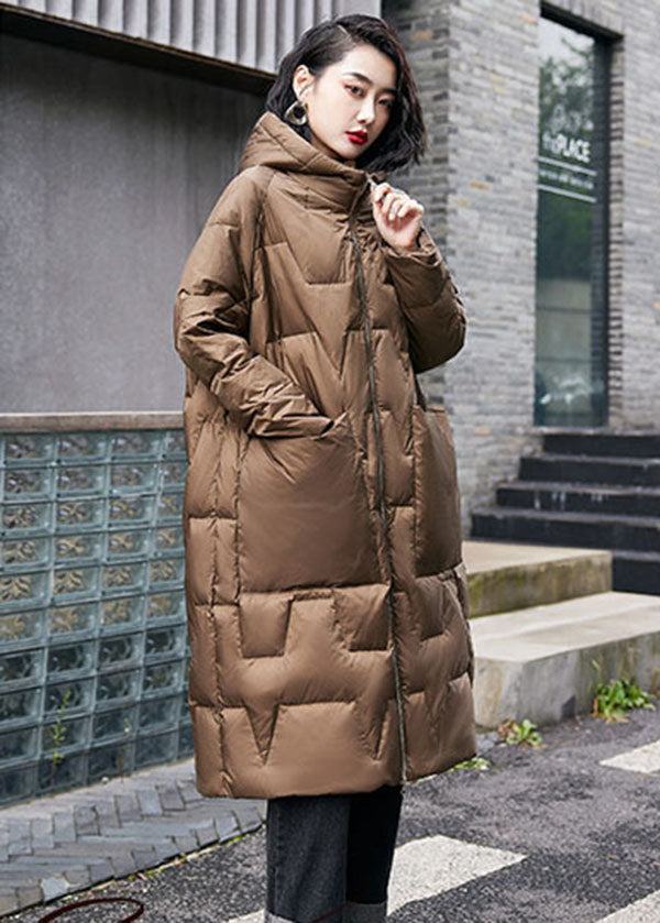 French Brown Hooded Zippered Duck Down Puffers Coats Winter
