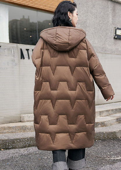 French Brown Hooded Zippered Duck Down Puffers Coats Winter