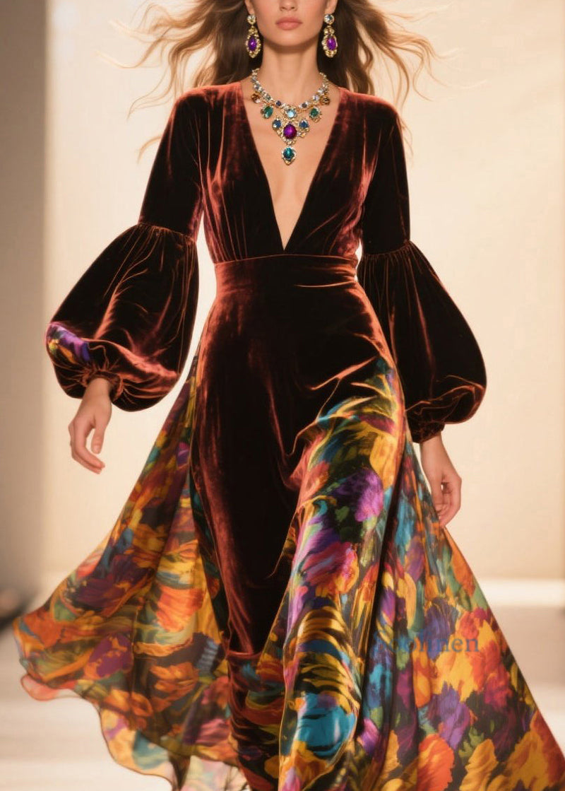 French Brown V Neck Print Velvet Robe Dresses Lantern Sleeve