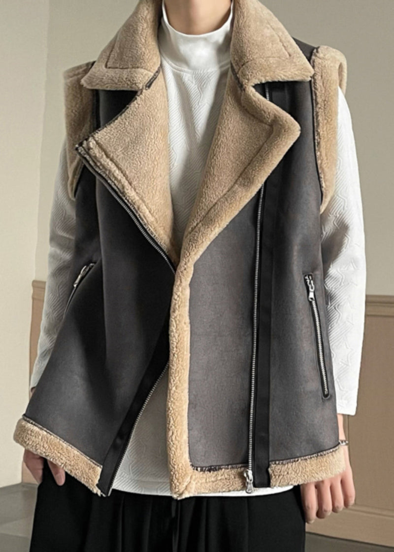 French Brown Zippered Patchwork Fleece Wool Lined Waistcoat Sleeveless
