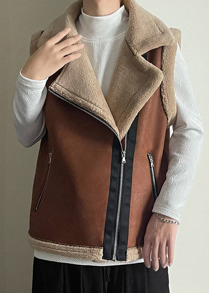 French Brown Zippered Patchwork Fleece Wool Lined Waistcoat Sleeveless