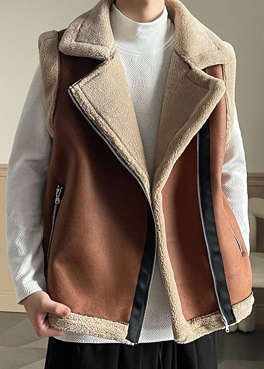 French Brown Zippered Patchwork Fleece Wool Lined Waistcoat Sleeveless