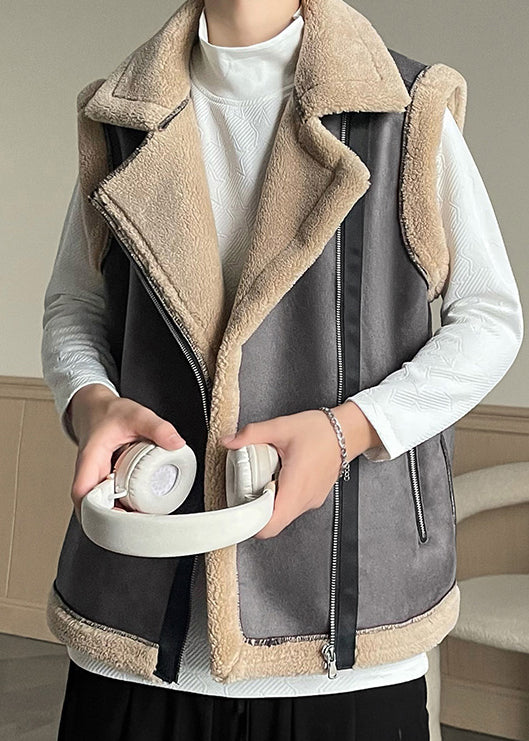 French Brown Zippered Patchwork Fleece Wool Lined Waistcoat Sleeveless
