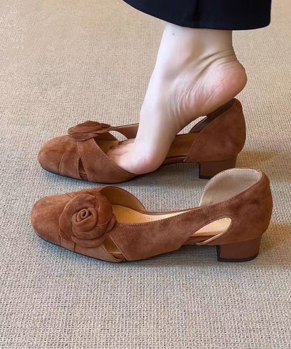 French Caramel Hollow Out Suede Chunky Sandals