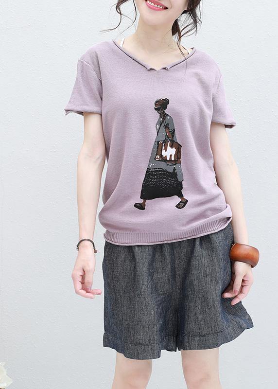 French Cartoon Print Cotton Tunic Top Photography V Neck Tops Light Purple