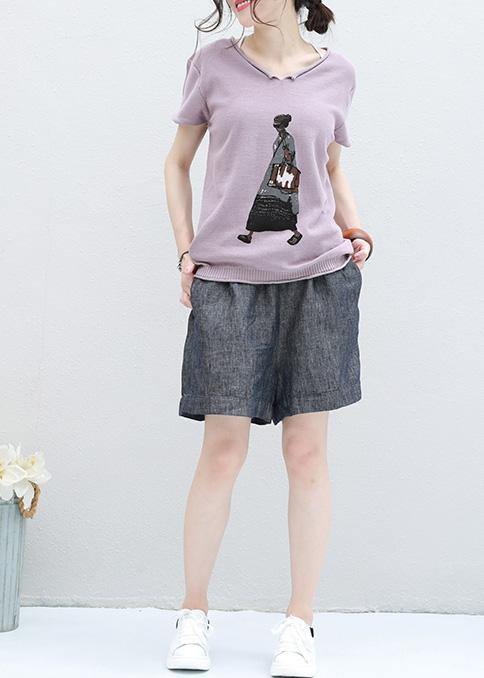 French Cartoon Print Cotton Tunic Top Photography V Neck Tops Light Purple