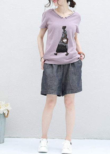 French Cartoon Print Cotton Tunic Top Photography V Neck Tops Light Purple