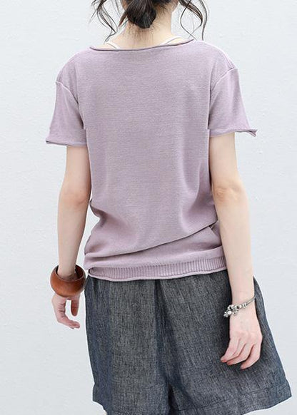 French Cartoon Print Cotton Tunic Top Photography V Neck Tops Light Purple