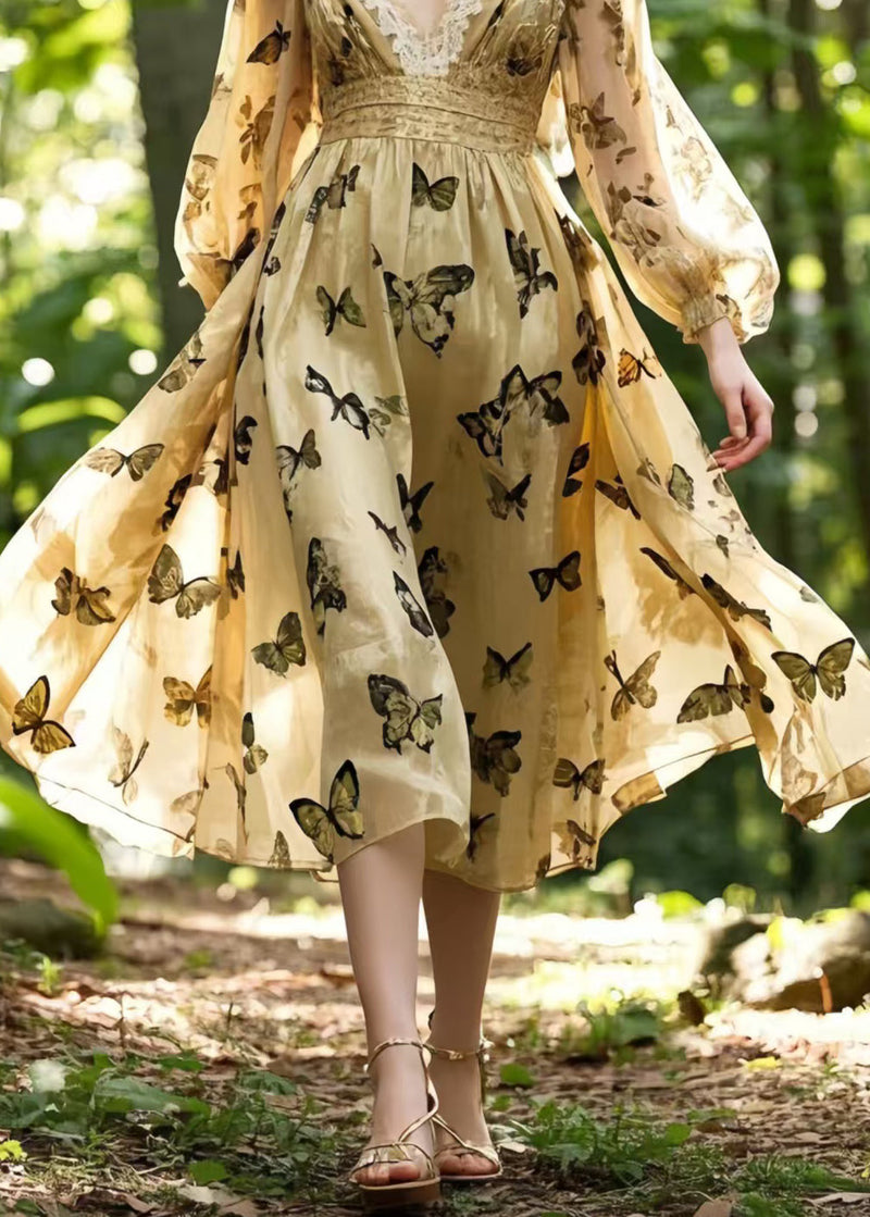 French Champagne Butterfly Silk Party Dress Spring