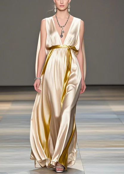 French Champagne Cinched Side Open Silk Party Dress Sleeveless