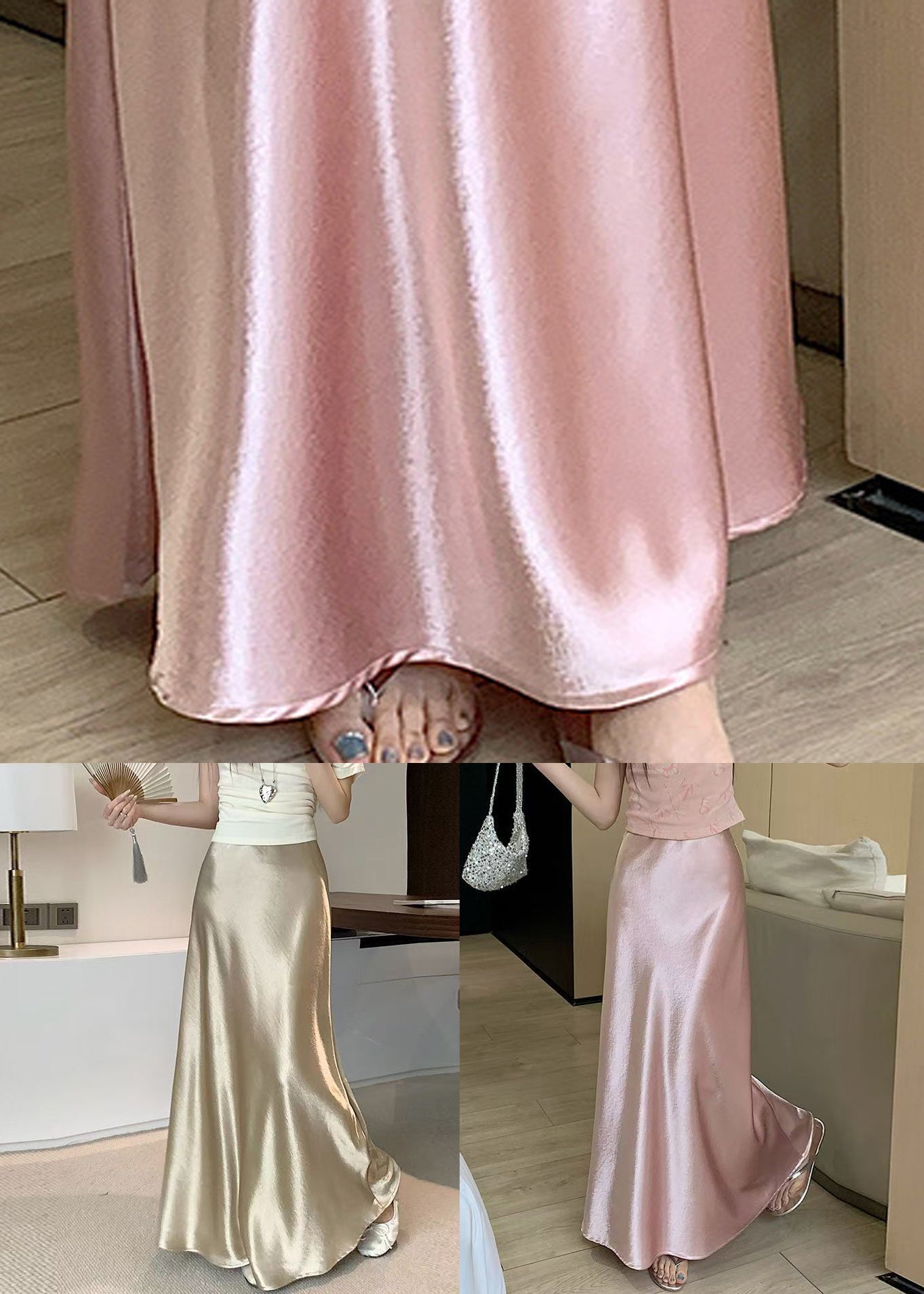 French Champagne Color High Waist Silk Skirt Summer