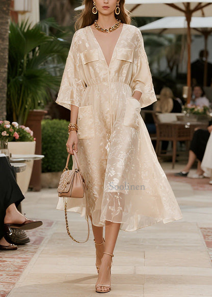 French Champagne Jacquard Pockets Tulle Party Dress Summer