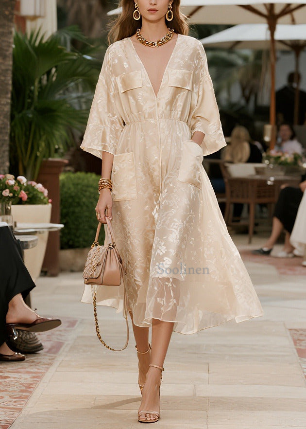 French Champagne Jacquard Pockets Tulle Party Dress Summer