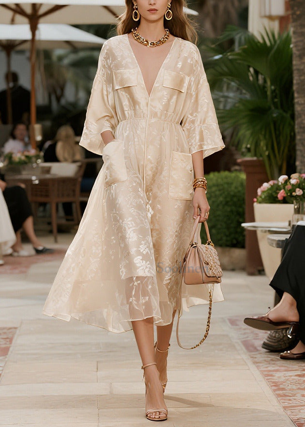 French Champagne Jacquard Pockets Tulle Party Dress Summer