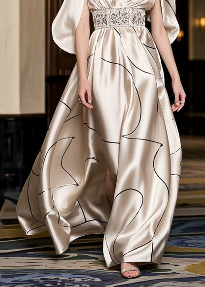 French Champagne Print Exra Large Hem Party Dress Cloak Sleeves