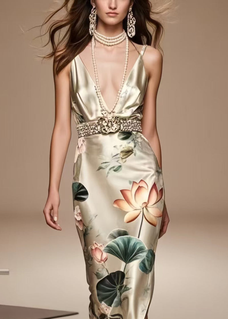 French Champagne Print Side Open Silk Tunic Dress Summer