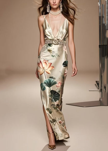 French Champagne Print Side Open Silk Tunic Dress Summer