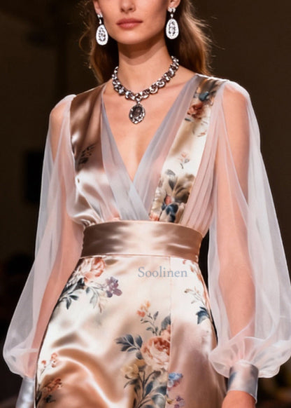 French Champagne Print Tulle Patchwork Silk Dinner Dress Summer