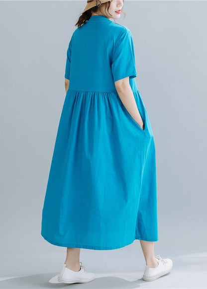 French Chinese Button Linen Summerwardrobes Wardrobes Blue Sttand Collar Dress