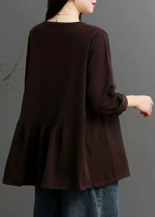 French Chocolate O-neck Asymmetrical Design Fall Knit Sweater