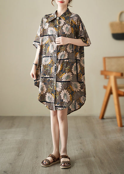 French Chocolate Peter Pan Collar Print Cotton Shirt Dresses Summer