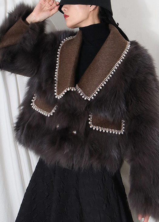 French Chocolate Peter Pan Collar Patchwork Leather and Fur Coats Winter