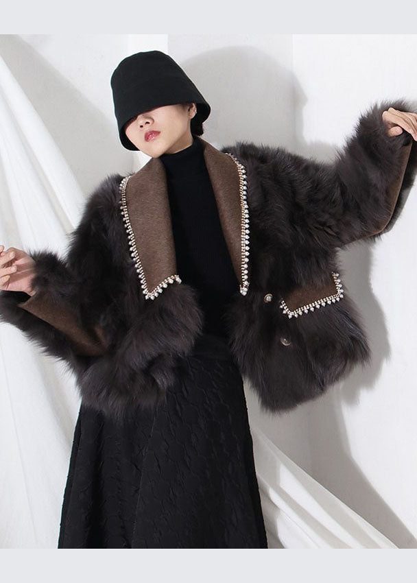 French Chocolate Peter Pan Collar Patchwork Leather and Fur Coats Winter