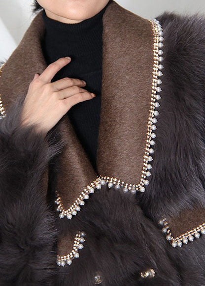 French Chocolate Peter Pan Collar Patchwork Leather and Fur Coats Winter