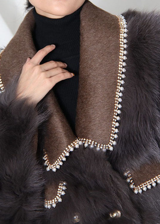 French Chocolate Peter Pan Collar Patchwork Leather and Fur Coats Winter