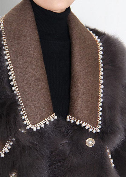 French Chocolate Peter Pan Collar Patchwork Leather and Fur Coats Winter
