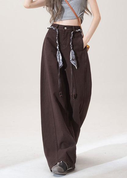 French Chocolate Pockets High Waist Denim Straight Pants Spring