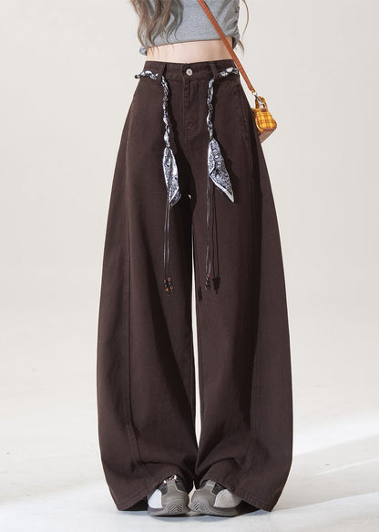 French Chocolate Pockets High Waist Denim Straight Pants Spring