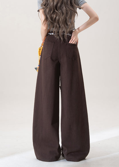 French Chocolate Pockets High Waist Denim Straight Pants Spring