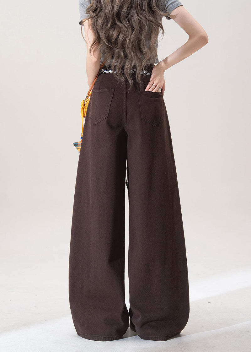 French Chocolate Pockets High Waist Denim Straight Pants Spring