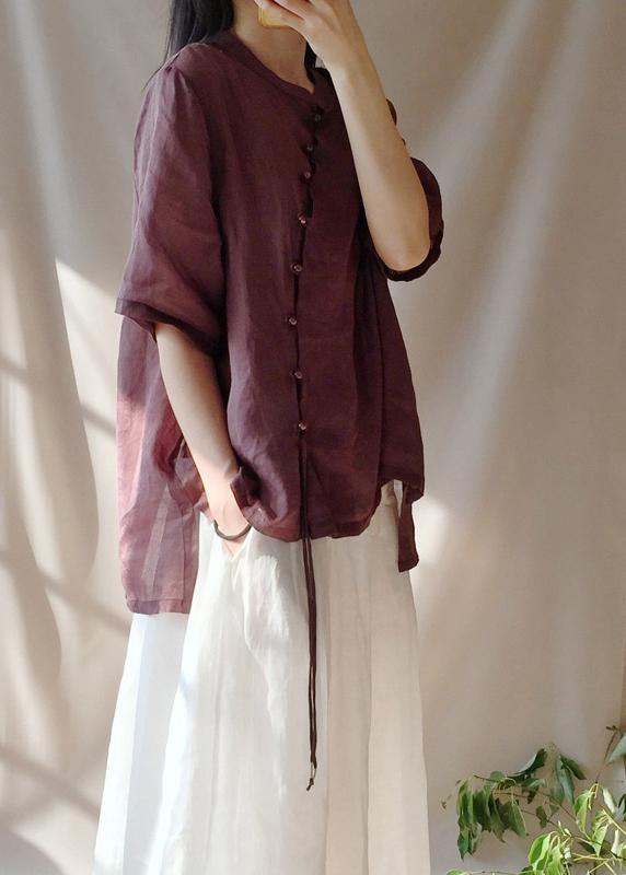 French Chocolate Shirts Stand Collar Asymmetric Baggy Blouse