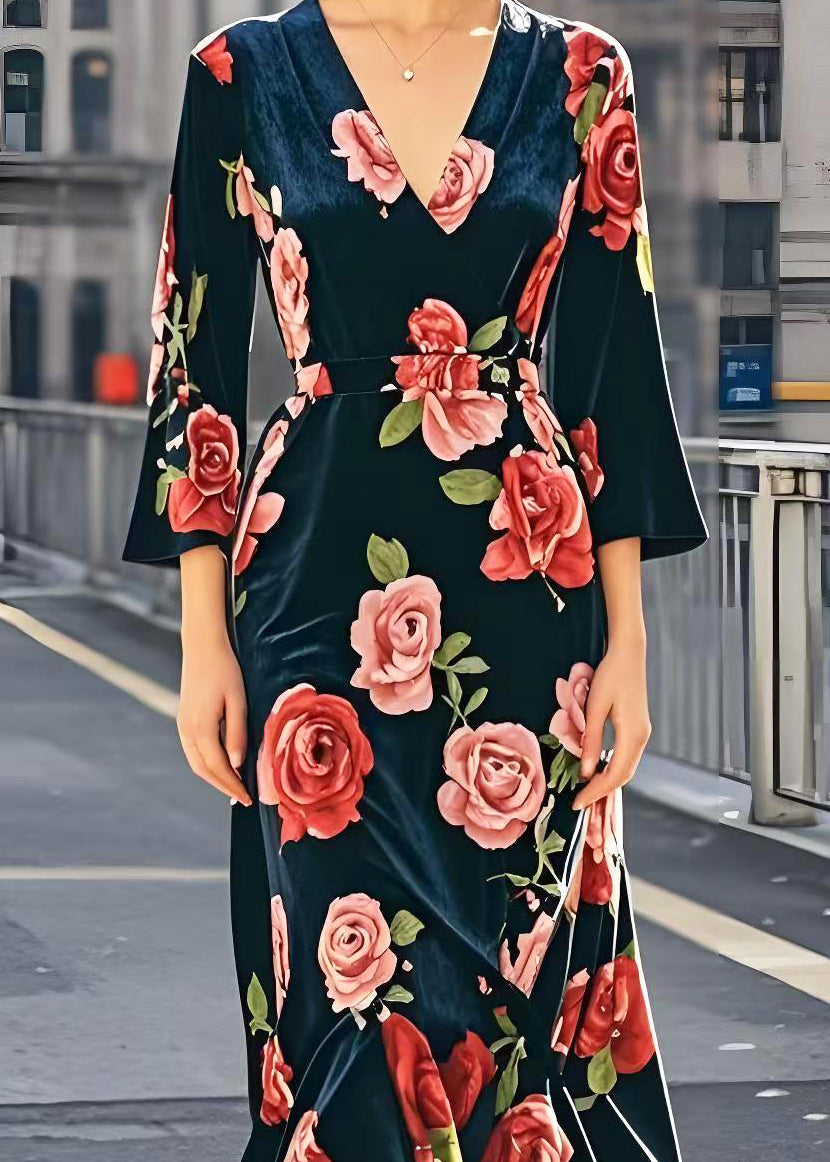 French Cinched Silk Velvet Robe Dresses Bracelet Sleeve