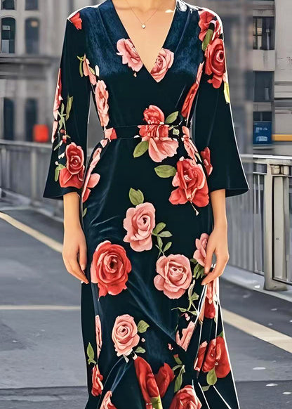 French Cinched Silk Velvet Robe Dresses Bracelet Sleeve