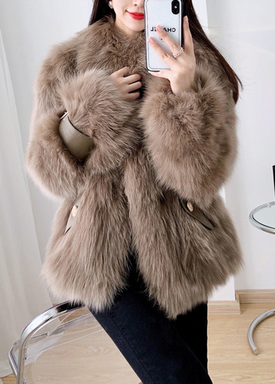 French Cocoa Faux Leather and Faux Fur Coat Winter