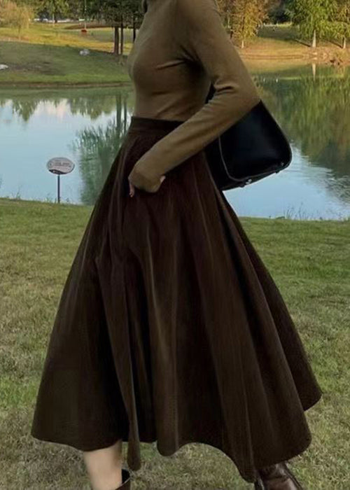 French Coffee High Waist Pockets Silk Velour Skirt Fall