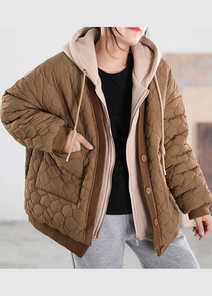 French Chocolate Hooded Patchwork Fine Cotton Filled Winter Coats