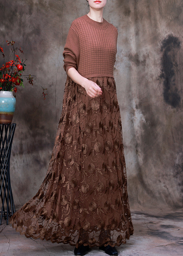 French Chocolate O-neck Embroideried Lace Patchwork Knit Maxi Dress Long Sleeve