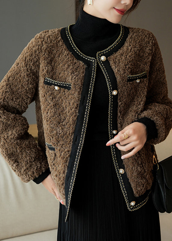 French Chocolate O-neck Patchwork Button Faux Fur Coats Winter