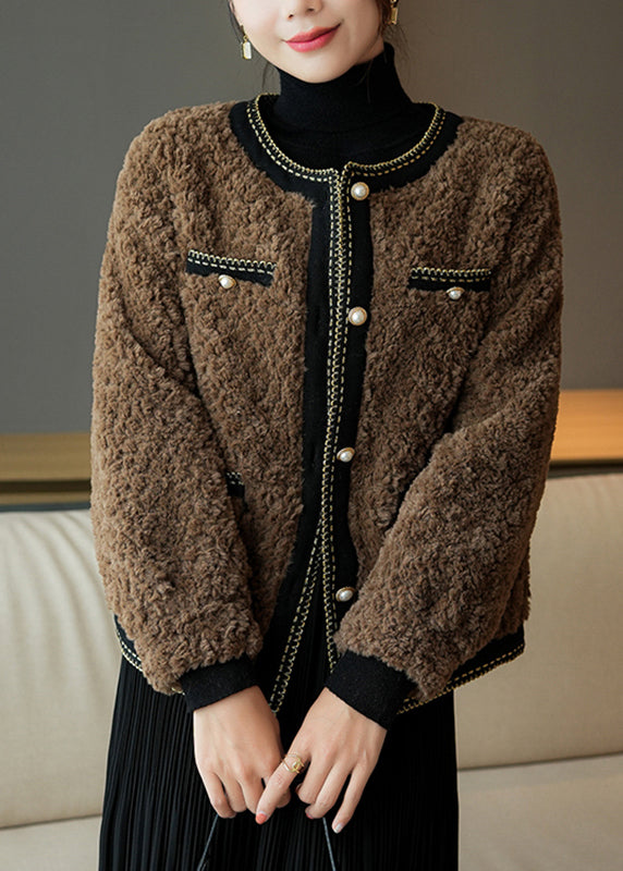 French Chocolate O-neck Patchwork Button Faux Fur Coats Winter
