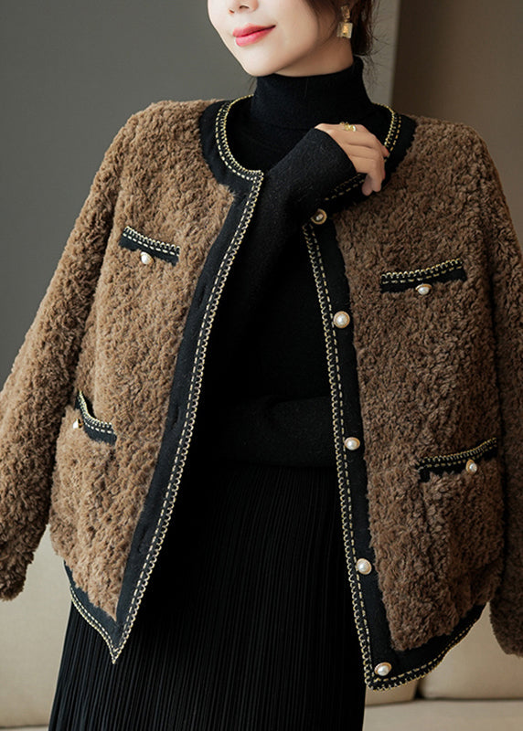 French Chocolate O-neck Patchwork Button Faux Fur Coats Winter