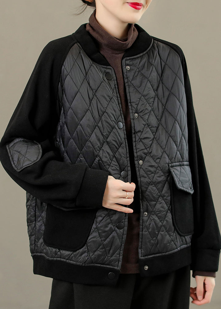 French Coffee O-neck Patchwork Button Thick Coats Long Sleeve
