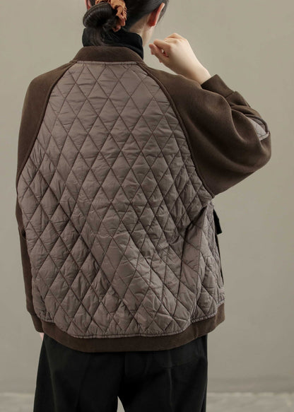 French Coffee O-neck Patchwork Button Thick Coats Long Sleeve