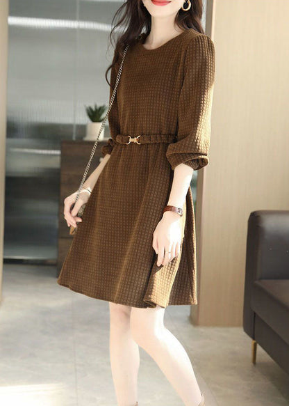 French Chocolate O-neck Plaid Color Sashes Cotton Holiday Dress Long Sleeve