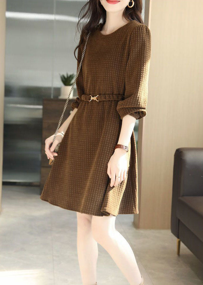 French Chocolate O-neck Plaid Color Sashes Cotton Holiday Dress Long Sleeve