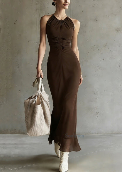 French Coffee O-neck Wrinkled Long Spaghetti Strap Dress Summer