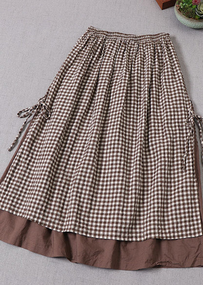 French Chocolate Plaid Side Open Tie Skirt Spring